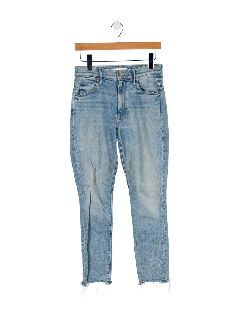 Mother Skinny Leg Jeans Blue Light Wash with Mid-Rise 5 Pockets Raw-Edge & Distressed Accents