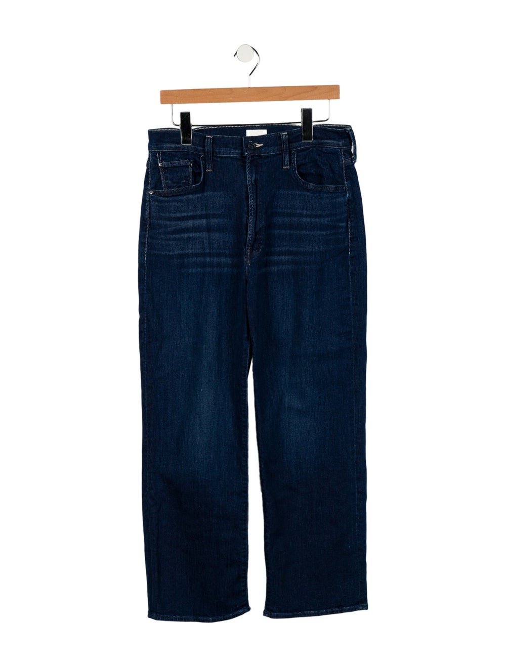 Mother Wide Leg Jeans Blue Dark Wash with Mid-Rise 5 Pockets Raw-Edge Trim