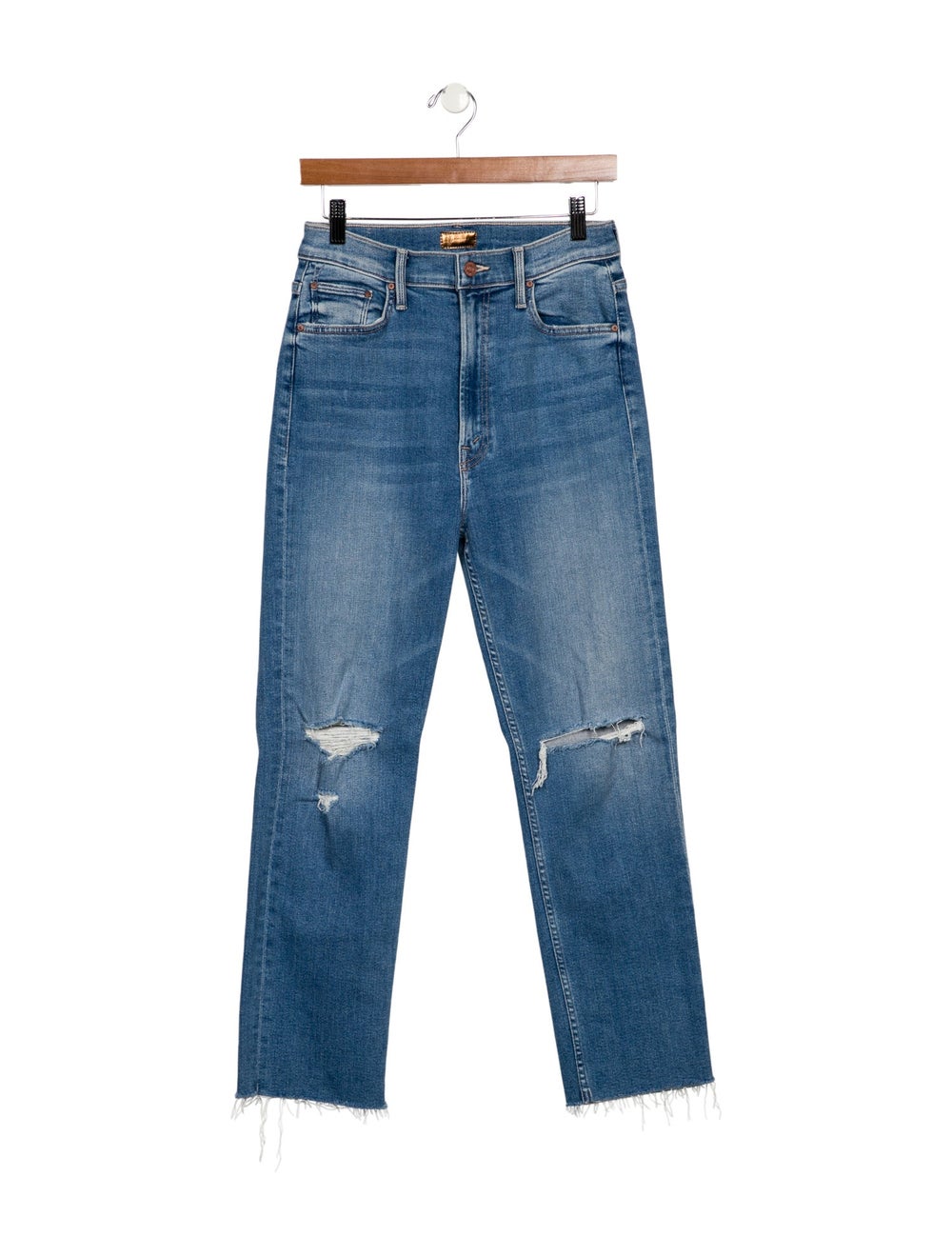 Mother Straight Leg Jeans Blue Tie-Dye Print Medium Wash with High-Rise 5 Pockets Raw-Edge & Distressed Accents
