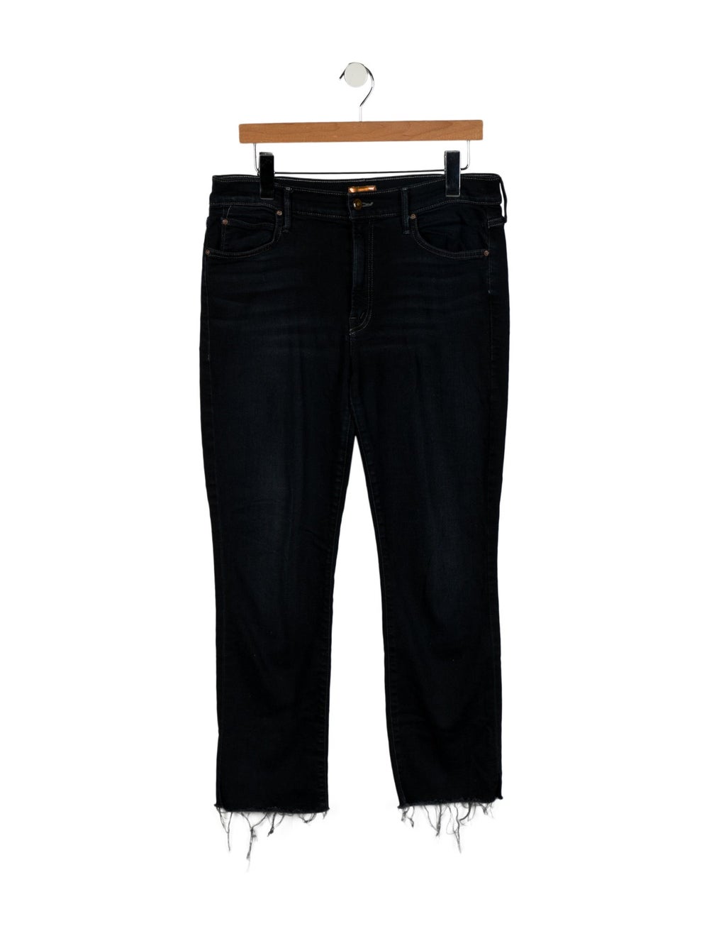 Mother Straight Leg Jeans Blue Dark Wash with Mid-Rise 5 Pockets Raw-Edge Trim