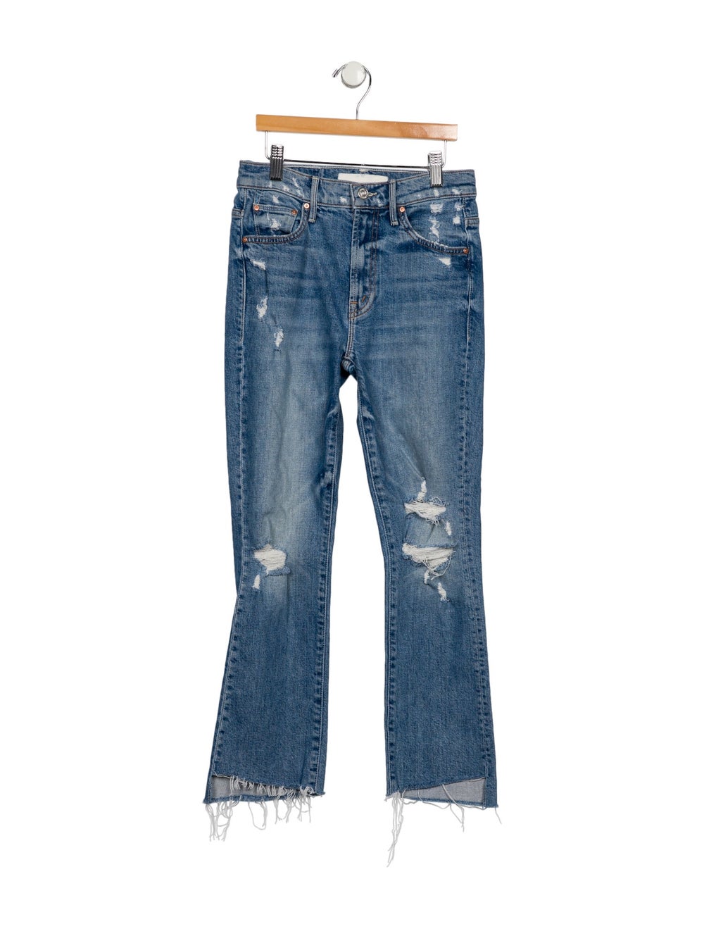 Mother Straight Leg Jeans Blue Light Wash with High-Rise Cropped & 5 Pockets Raw-Edge & Distressed Accents