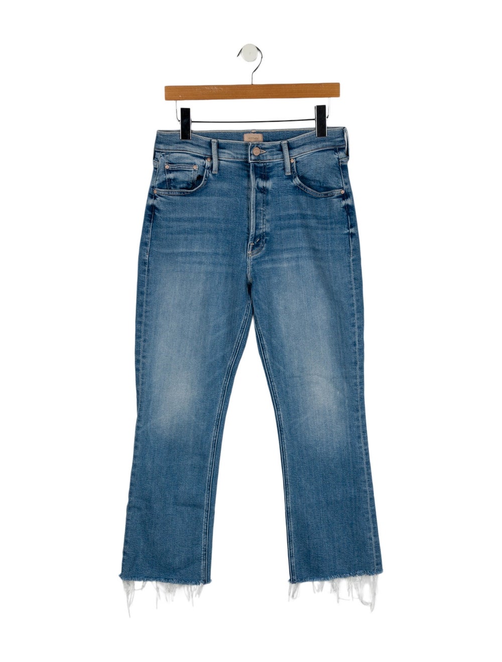 Mother Wide Leg Jeans Blue Medium Wash with High-Rise 5 Pockets Raw-Edge Trim