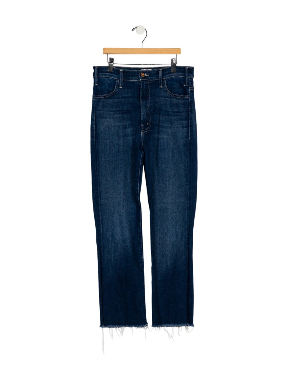 Mother Straight Leg Jeans Blue Medium Wash with High-Rise 4 Pockets Raw-Edge Trim
