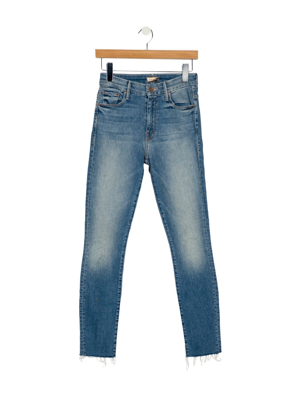 Mother Skinny Leg Jeans Blue Light Wash with Mid-Rise 5 Pockets Raw-Edge & Distressed Accents
