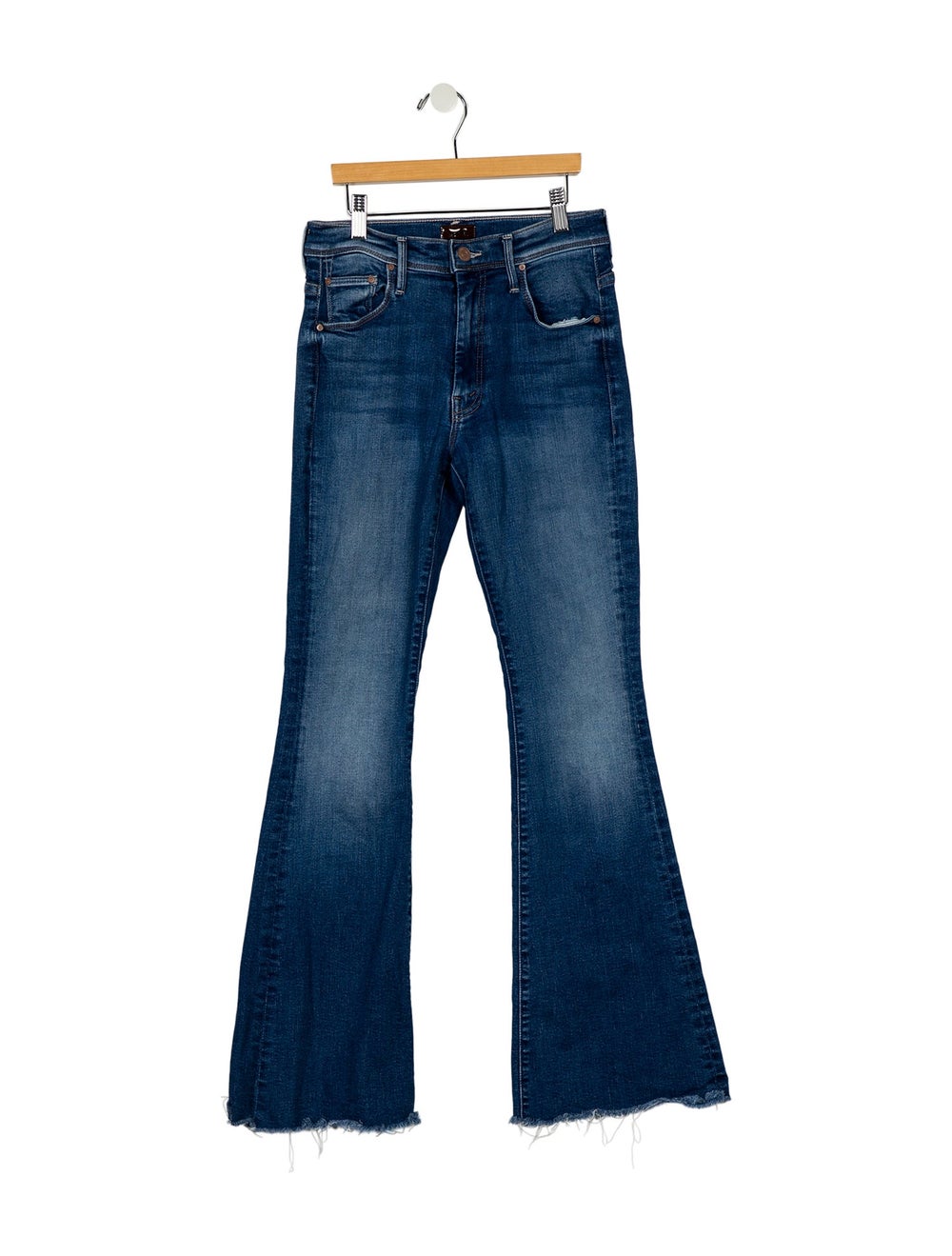 Mother Wide Leg Jeans Blue Printed Medium Wash with Mid-Rise 5 Pockets Raw-Edge & Distressed Accents