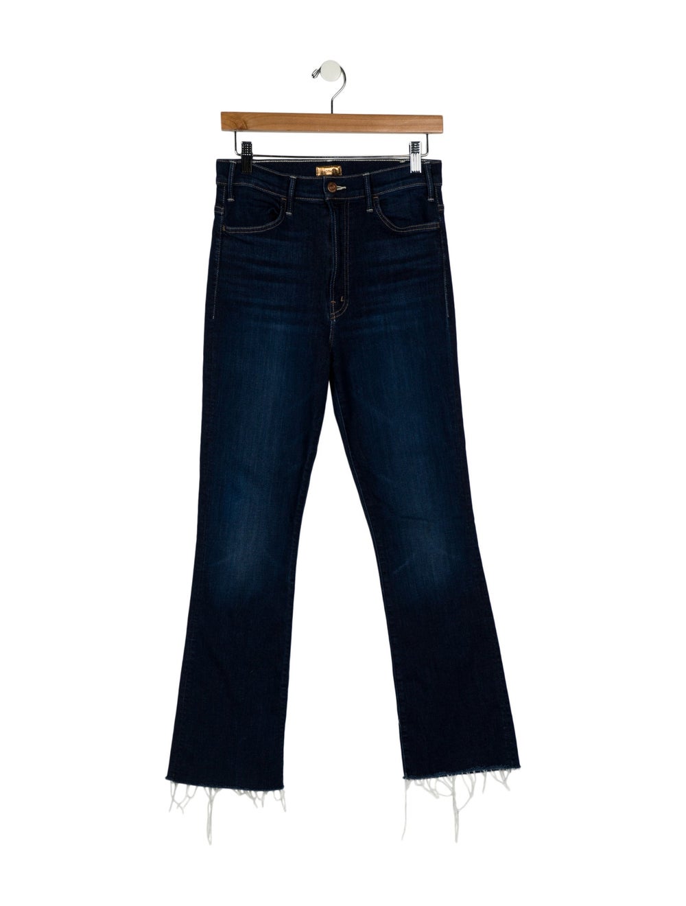 Mother Straight Leg Jeans Blue Dark Wash with High-Rise 5 Pockets Raw-Edge Trim