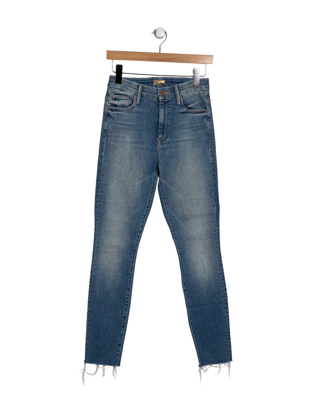 Mother Skinny Leg Jeans Blue Light Wash with Mid-Rise 5 Pockets Raw-Edge Trim