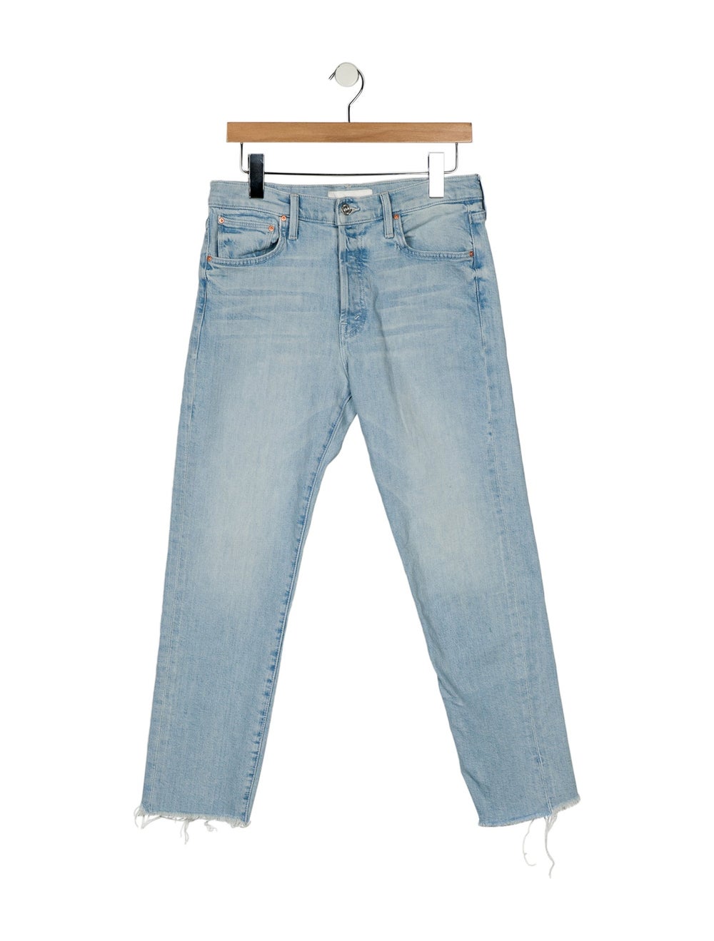 Mother Straight Leg Jeans Blue Light Wash with Mid-Rise Cropped & 5 Pockets Raw-Edge & Distressed Accents