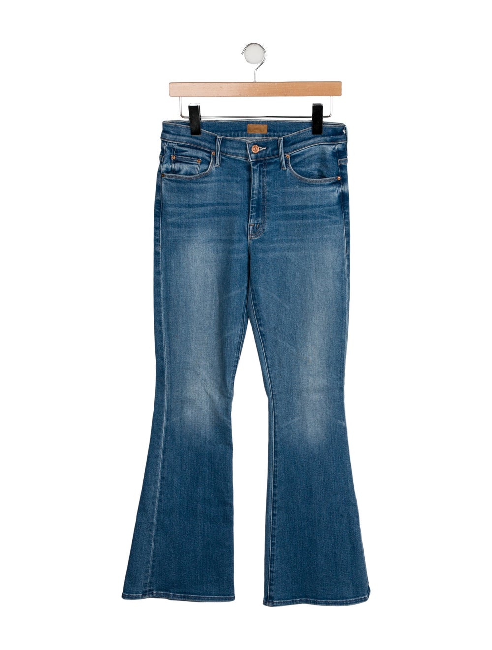 Mother Wide Leg Jeans Blue Medium Wash with High-Rise 5 Pockets Raw-Edge Trim