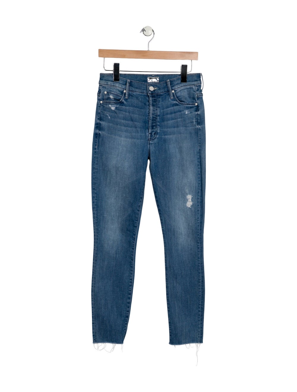 Mother Skinny Leg Jeans Blue Medium Wash with Mid-Rise 5 Pockets Raw-Edge & Distressed Accents