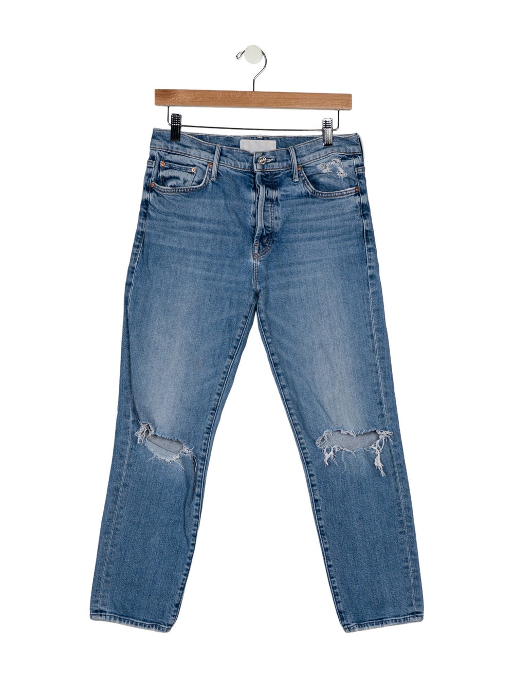 Mother Straight Leg Jeans Blue Light Wash with High-Rise Cropped & 5 Pockets Raw-Edge & Distressed Accents