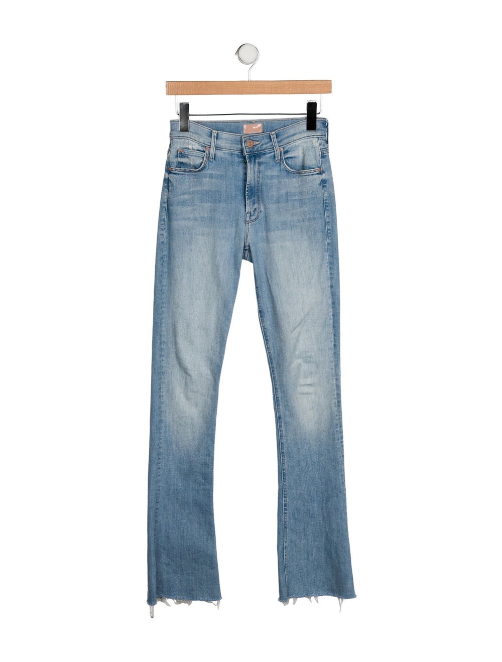 Mother Straight Leg Jeans Blue Light Wash with Mid-Rise 5 Pockets Raw-Edge & Distressed Accents
