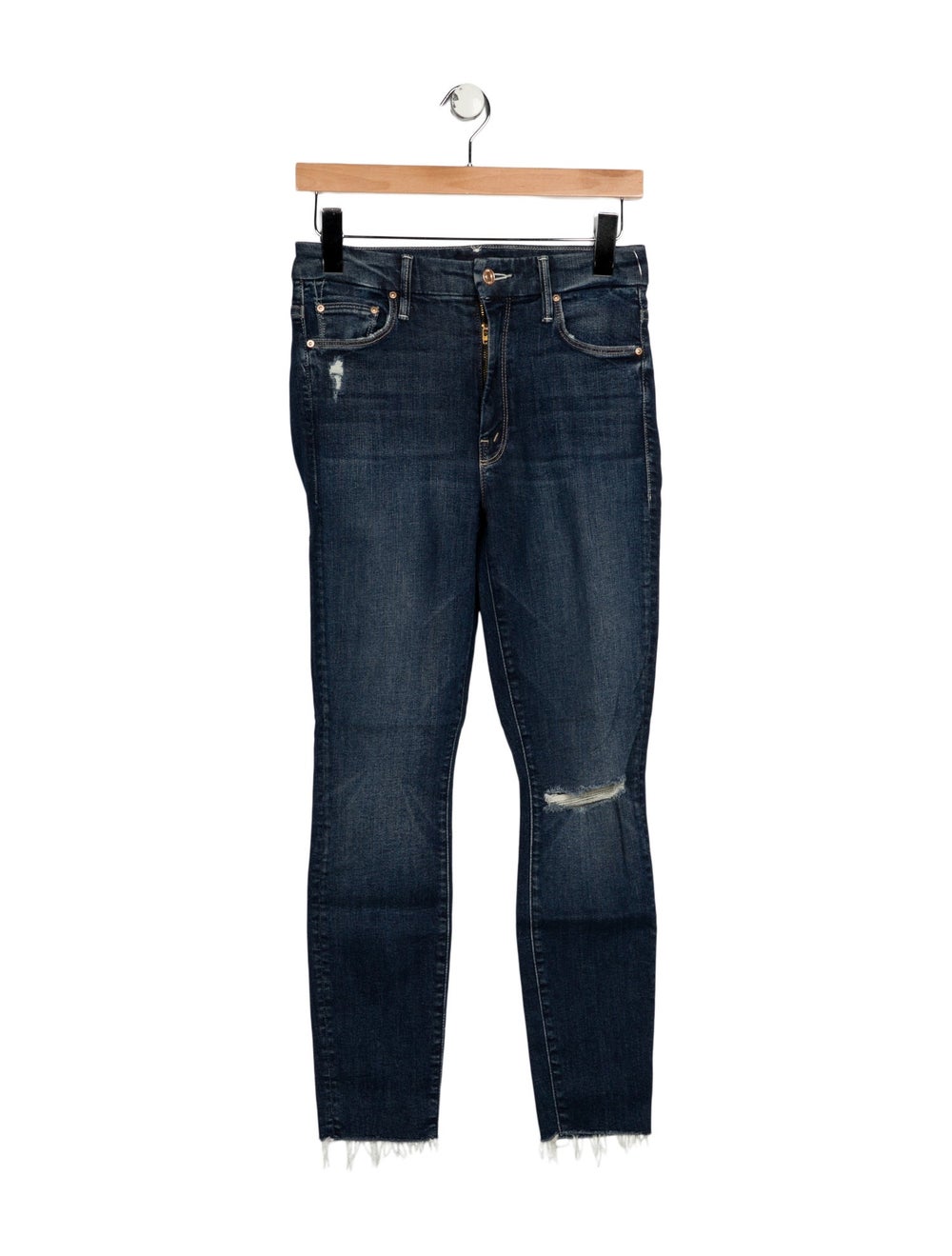 Mother Skinny Leg Jeans Blue Medium Wash with Mid-Rise 5 Pockets Raw-Edge & Distressed Accents