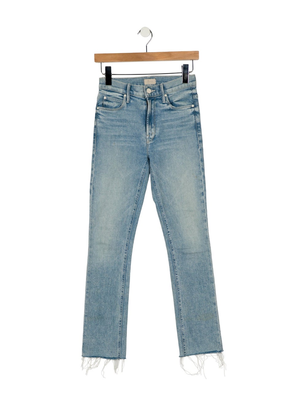 Mother Straight Leg Jeans Blue Light Wash with Mid-Rise 5 Pockets Raw-Edge & Distressed Accents
