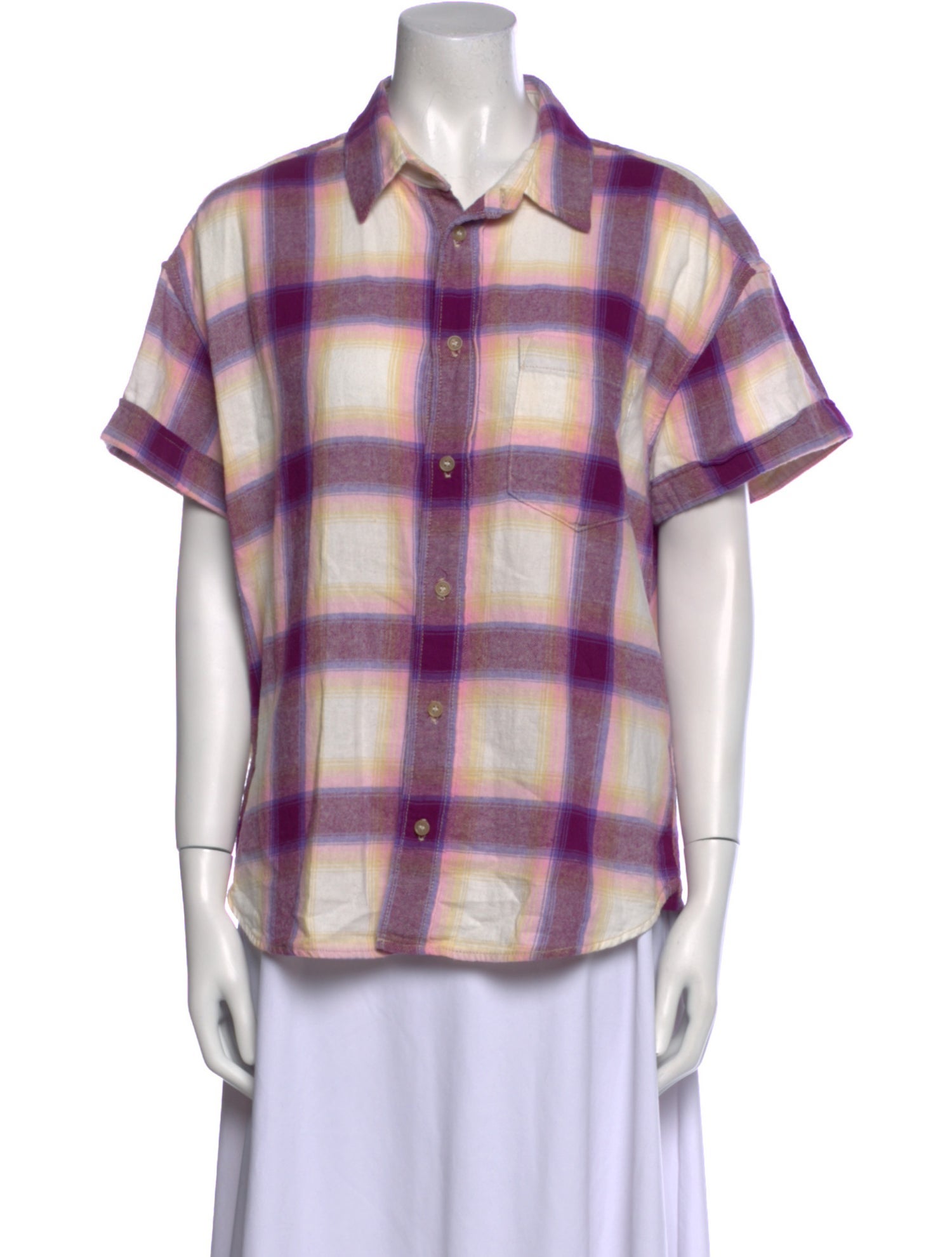 Mother Plaid Print Short Sleeve Button-Up Top
