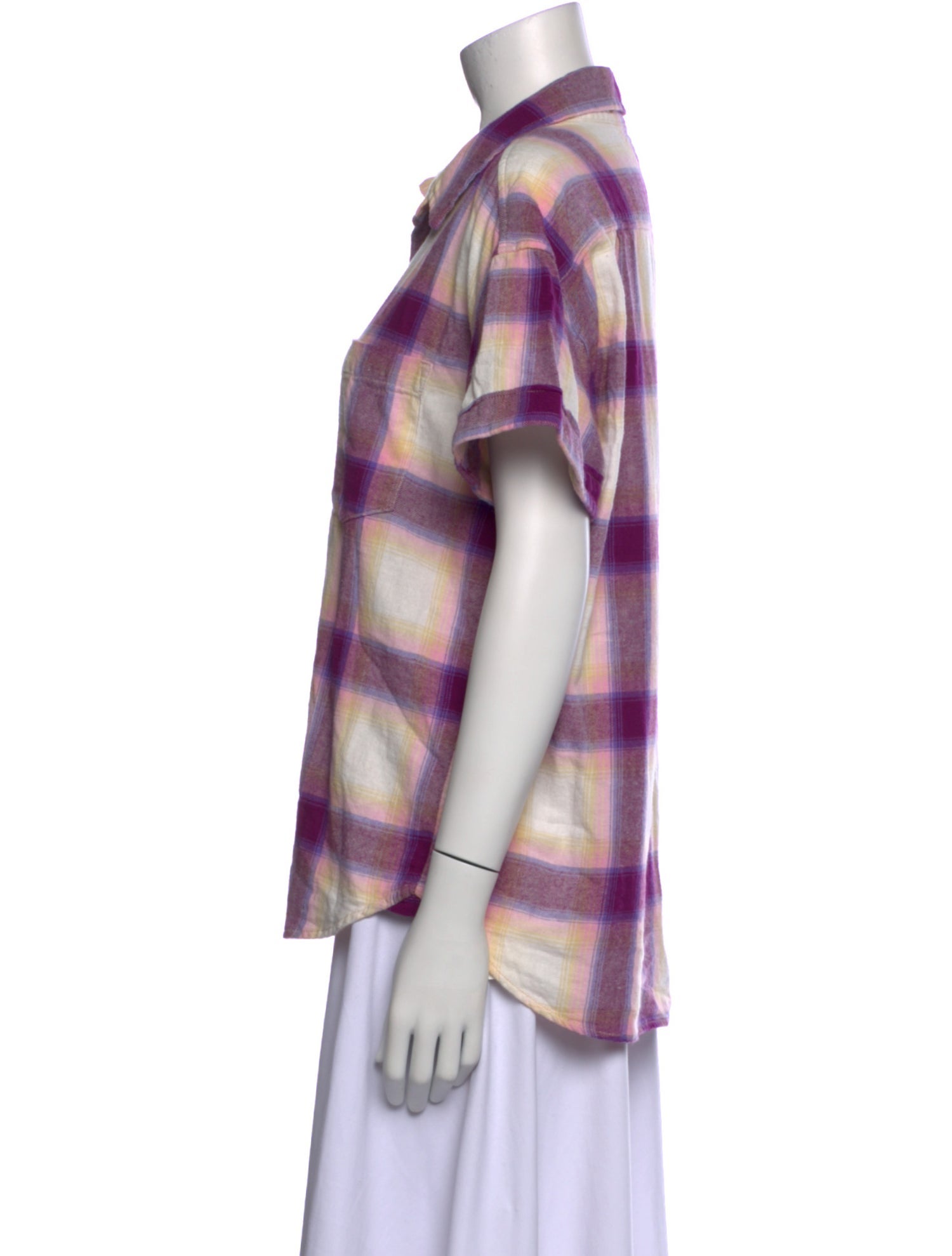 Mother Plaid Print Short Sleeve Button-Up Top