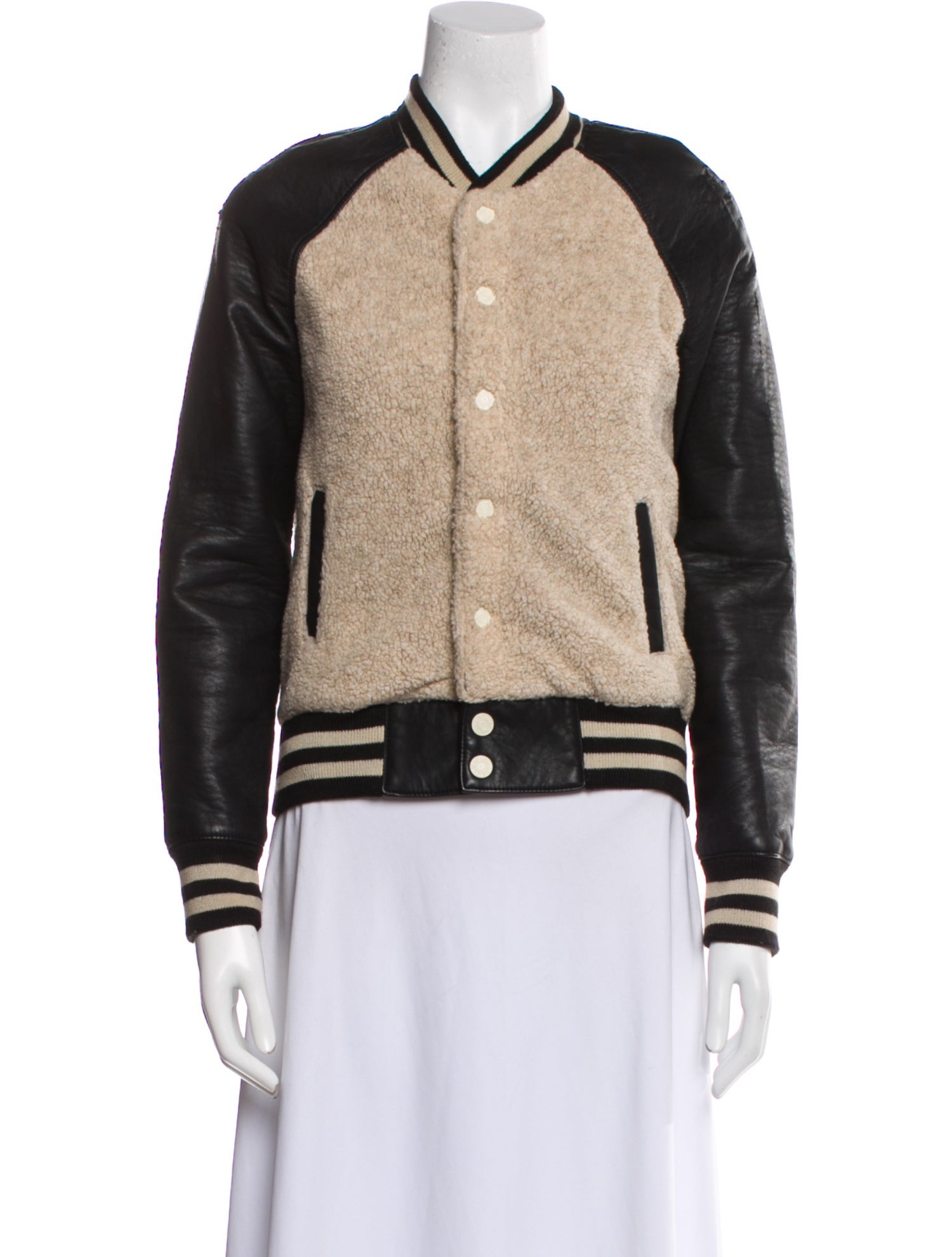 Mother Faux Leather Colorblock Pattern Bomber Jacket