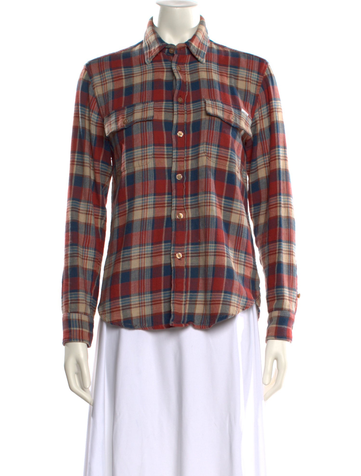 Mother Plaid Print Long Sleeve Button-Up Top