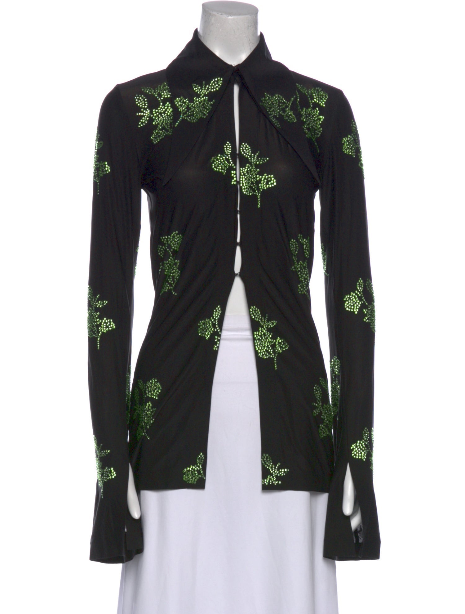 16ARLINGTON Lace Pattern Long Sleeve Button-Up Top