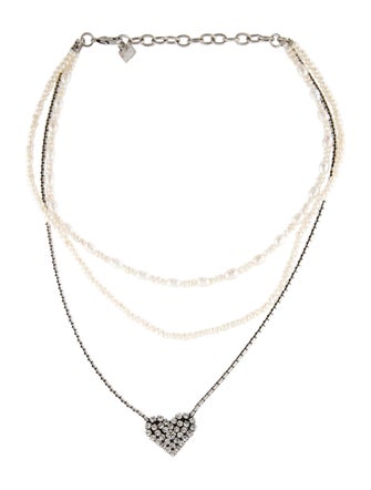 Dannijo Freshwater Pearl & Crystal Multi Strand Hickory Heart Pendant Necklace