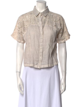 120% Lino Linen Short Sleeve Button-Up Top