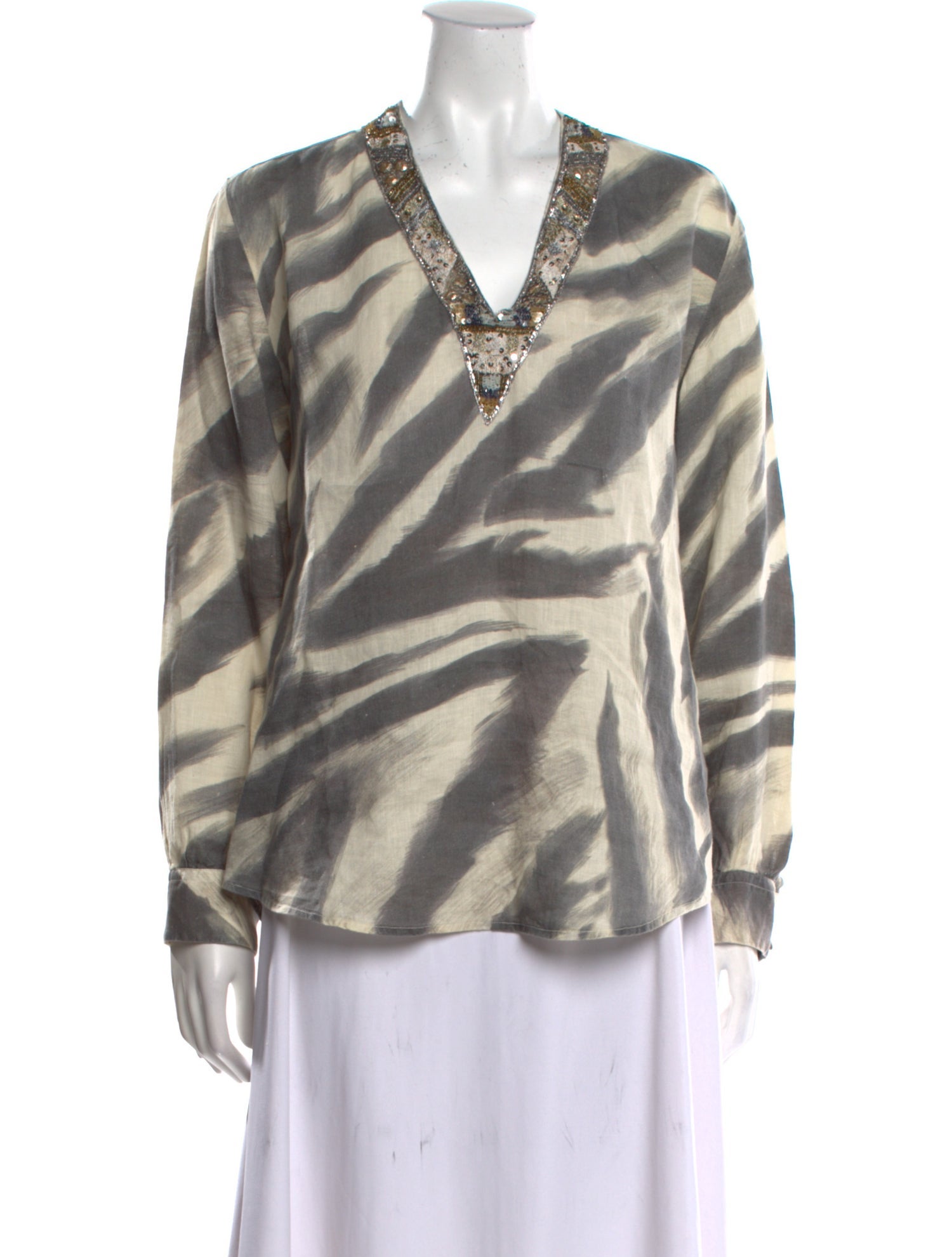 120% Lino Animal Print V-Neck Blouse