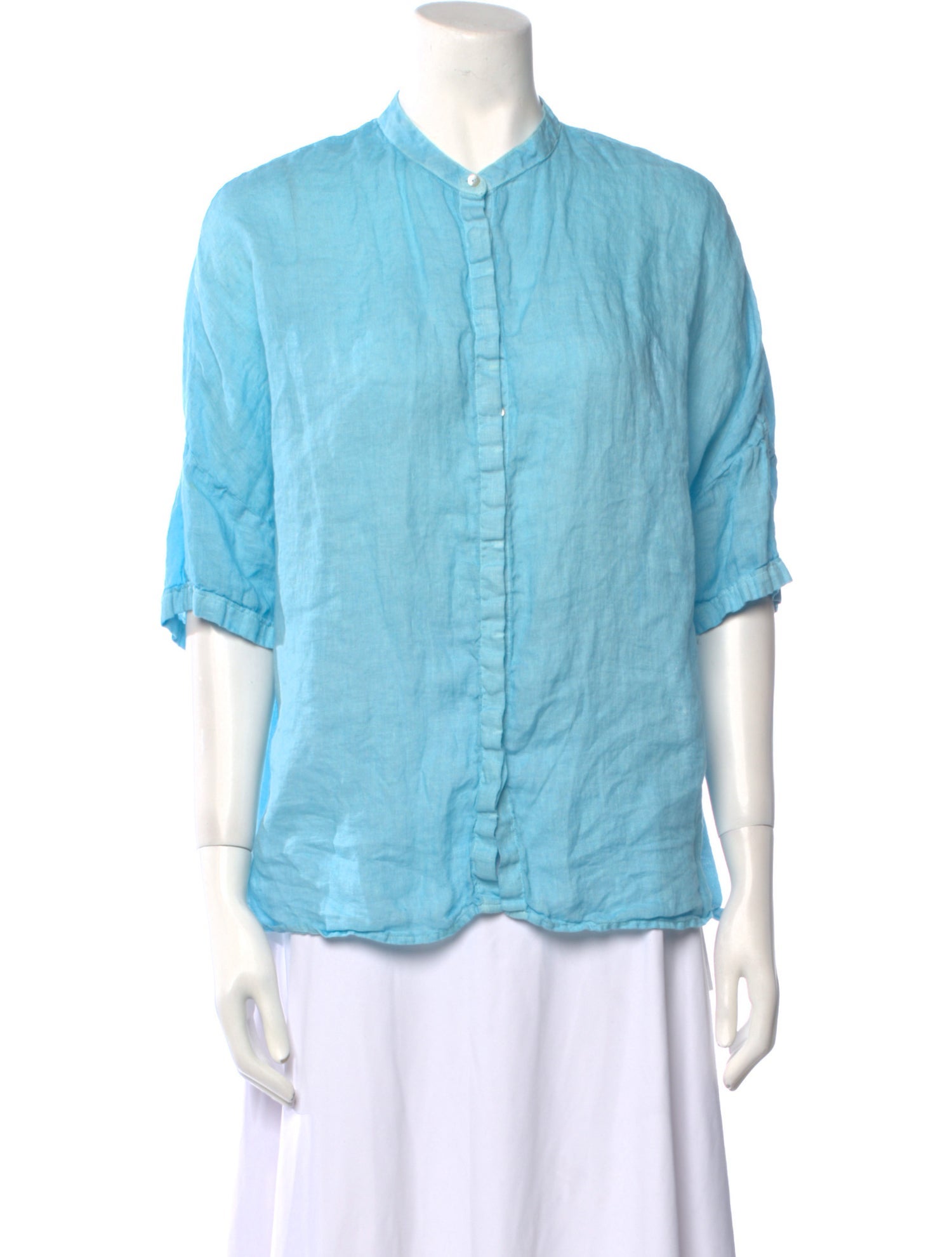 120% Lino Linen Crew Neck Button-Up Top