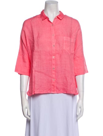 120% Lino Three-Quarter Sleeve Button-Up Top