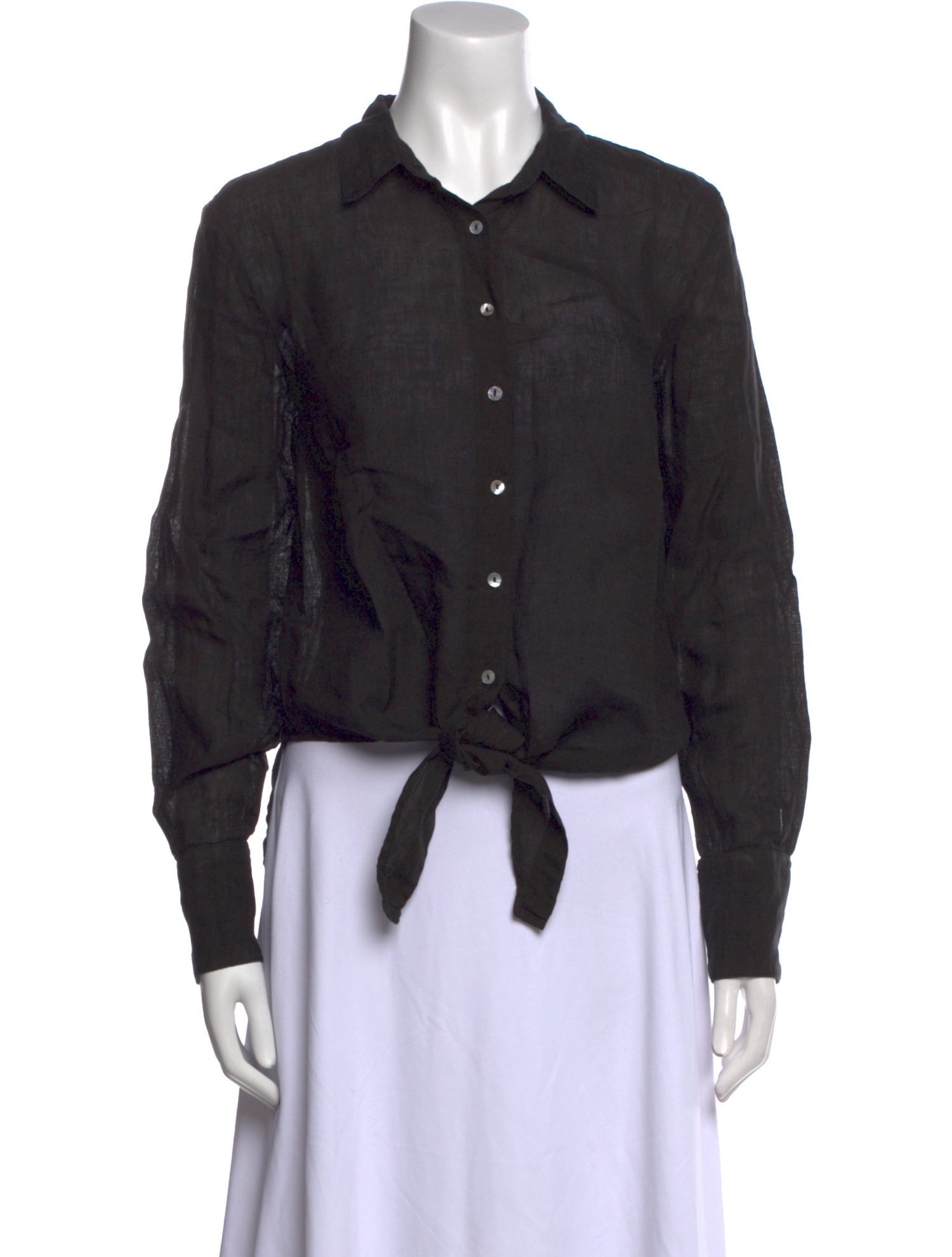 120% Lino Linen Long Sleeve Button-Up Top