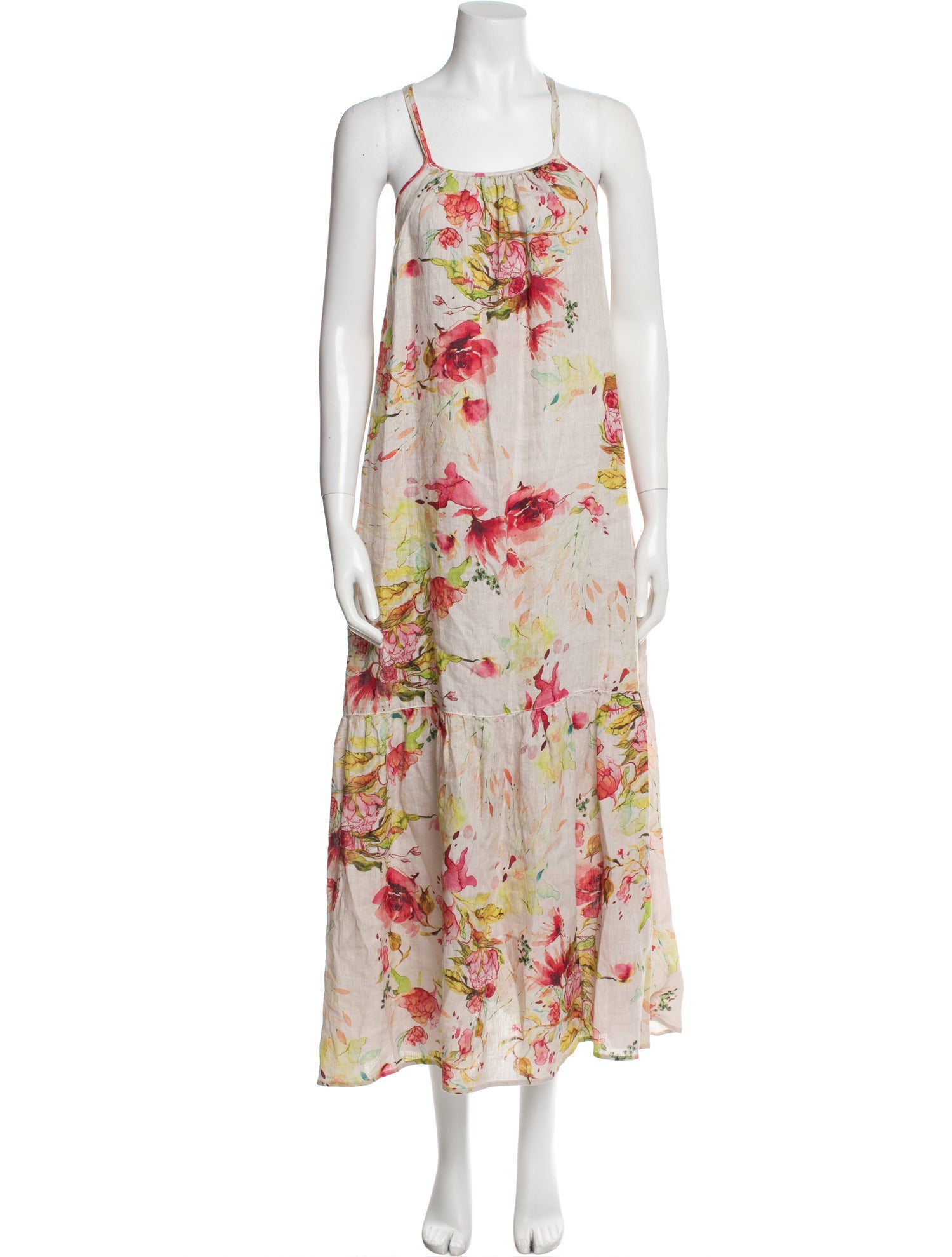 120% Lino Floral Print Long Dress