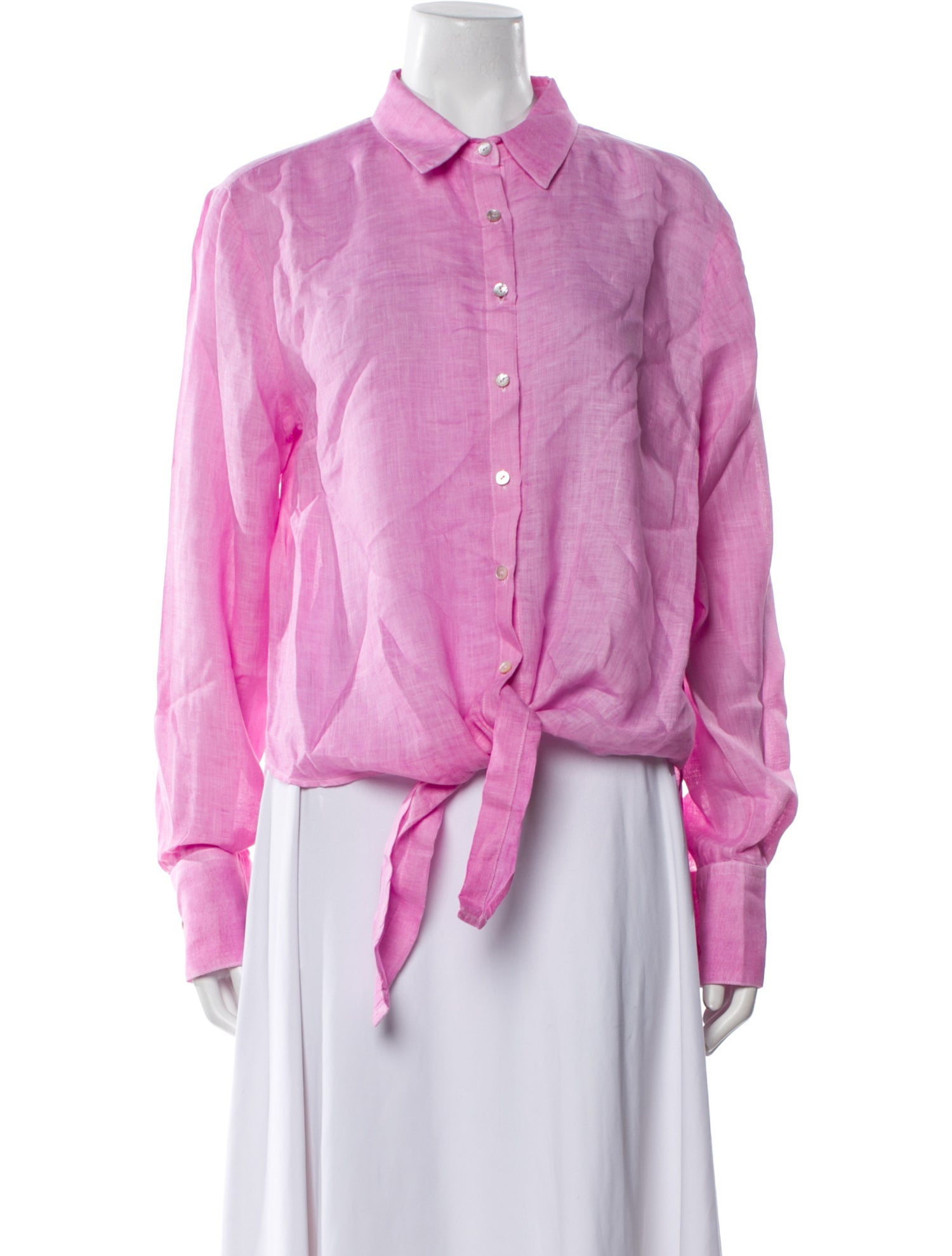 120% Lino Linen Long Sleeve Button-Up Top