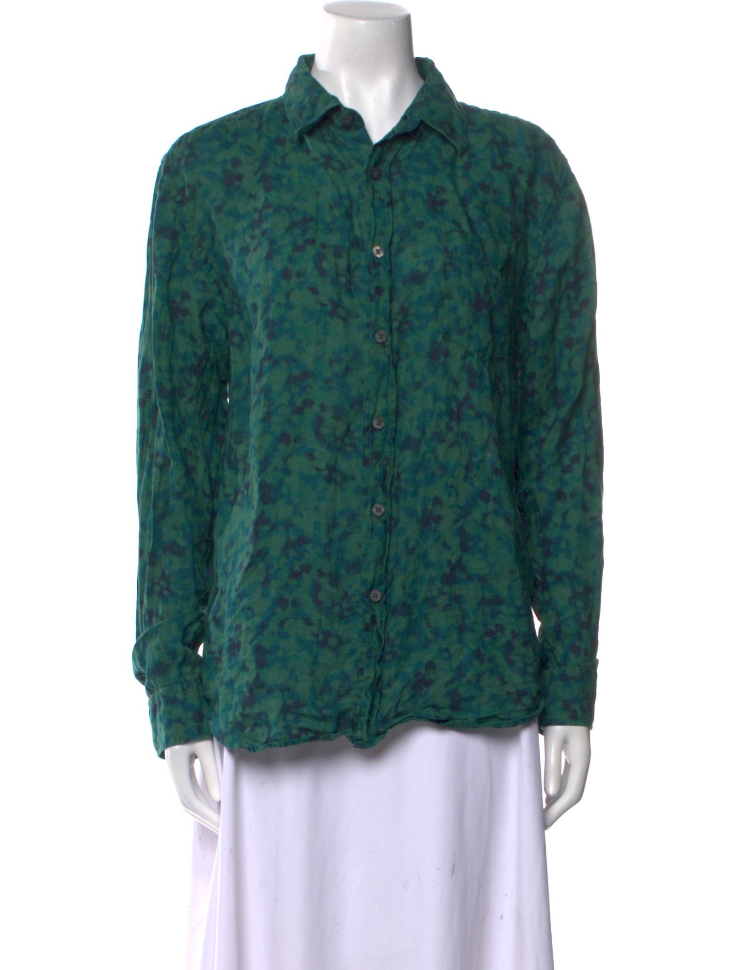 120% Lino Printed Long Sleeve Button-Up Top