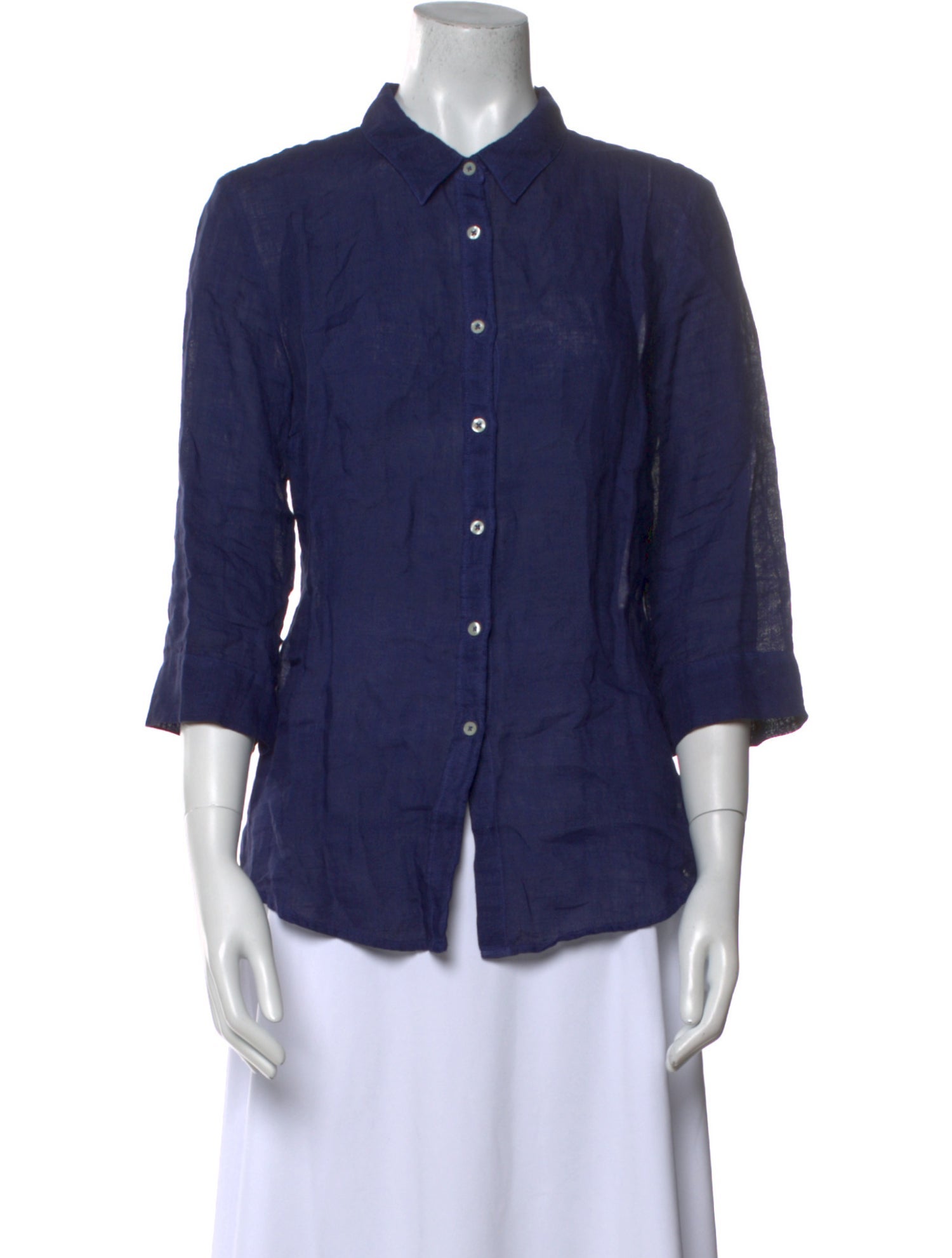 120% Lino Linen Three-Quarter Sleeve Button-Up Top