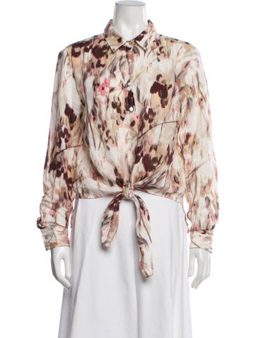 Pre-owned 120% Lino Linen Floral Print Button-up Top In Multi