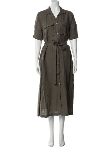 Pre-owned 120% Lino Linen Midi Length Dress In Green