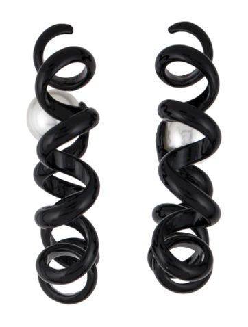 Pre-owned Lele Sadoughi Faux Pearl & Enamel Squiggle Hoop Earrings In Multi