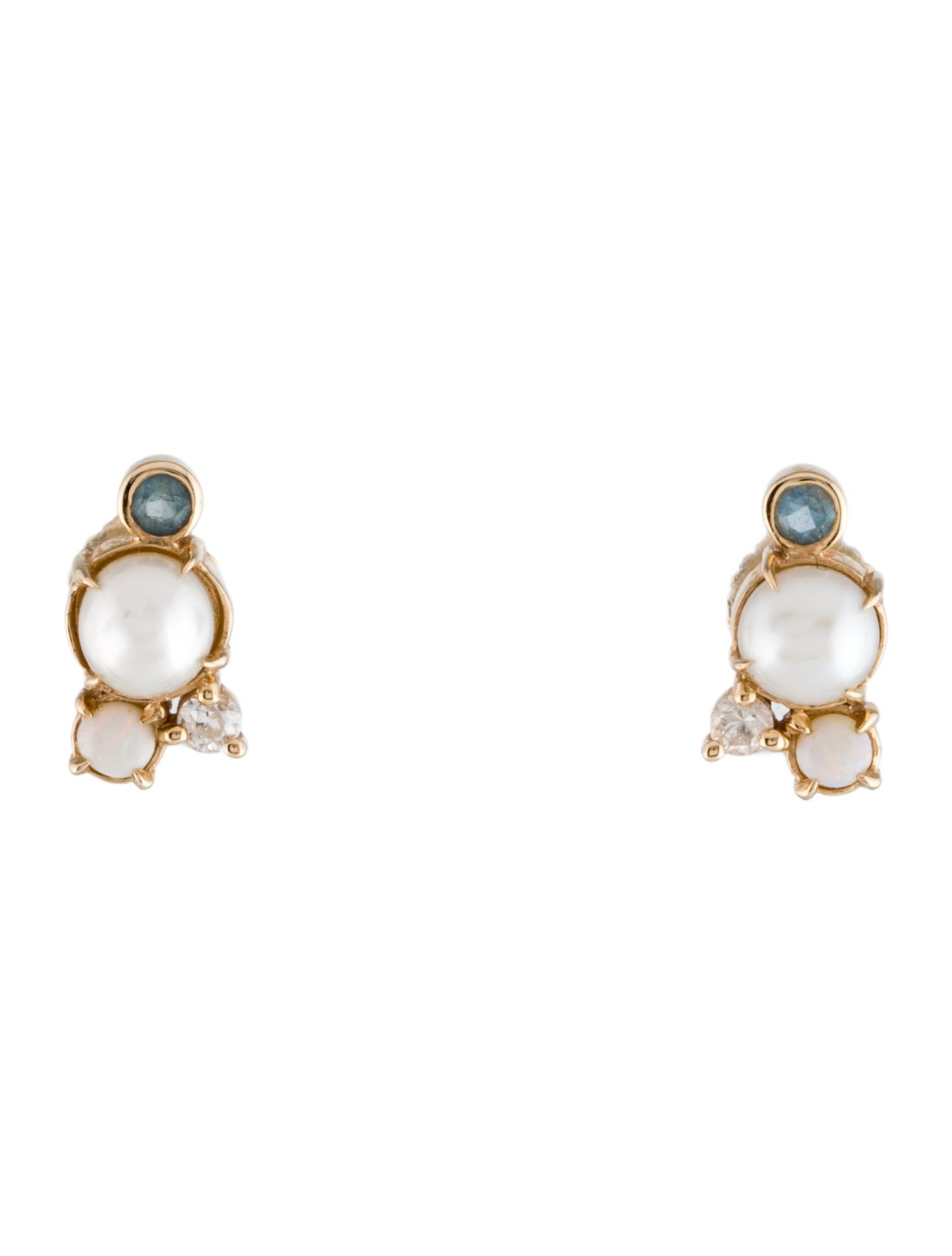 Mociun 14K Pearl, Aquamarine, Opal & Diamond Stud Earrings