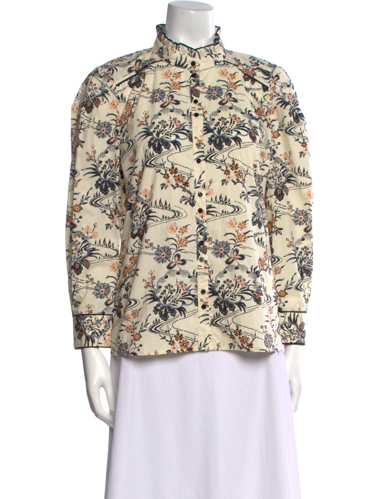 BA&SH Floral Print Mock Neck Button-Up Top