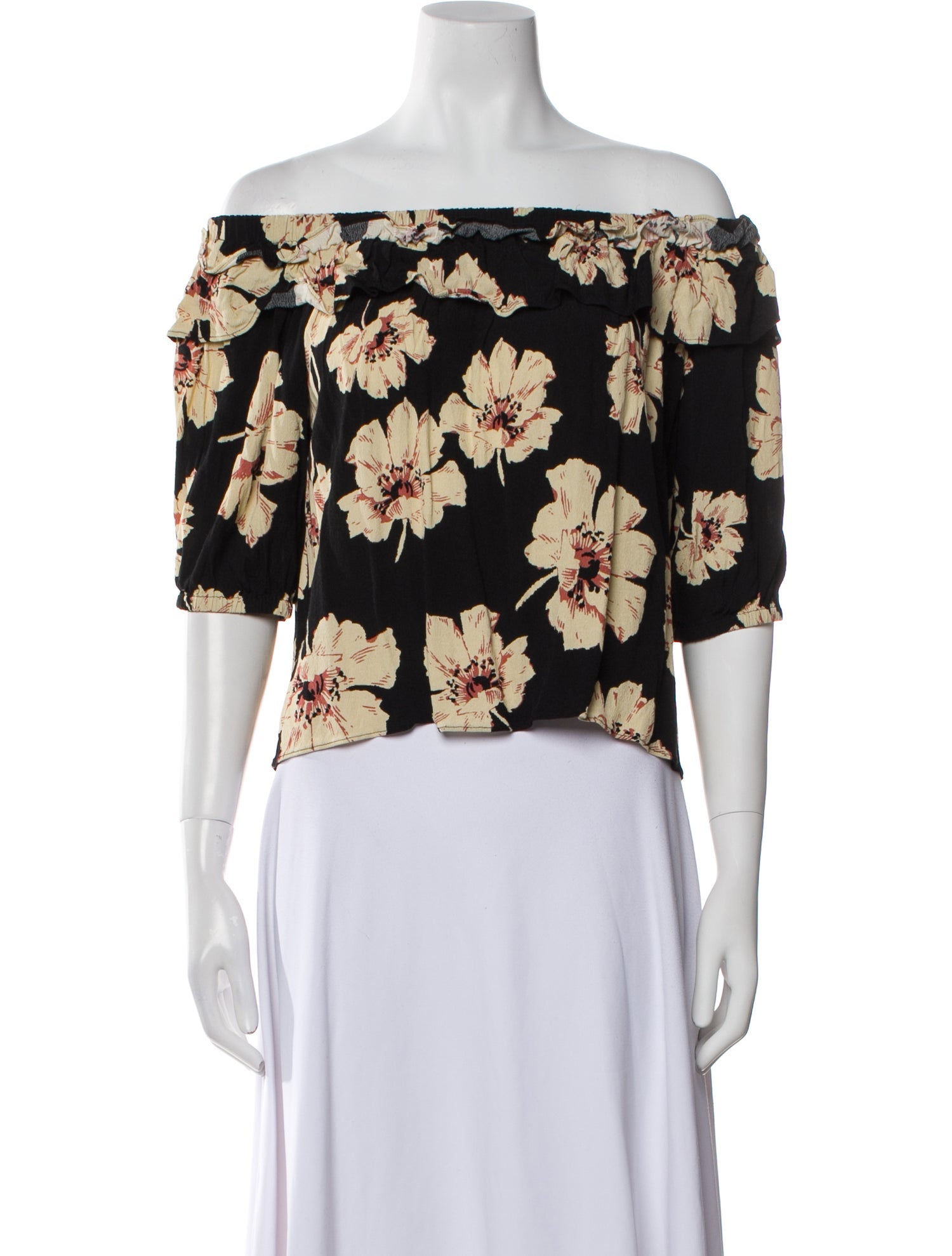 BA&SH Floral Print Off-The-Shoulder Crop Top