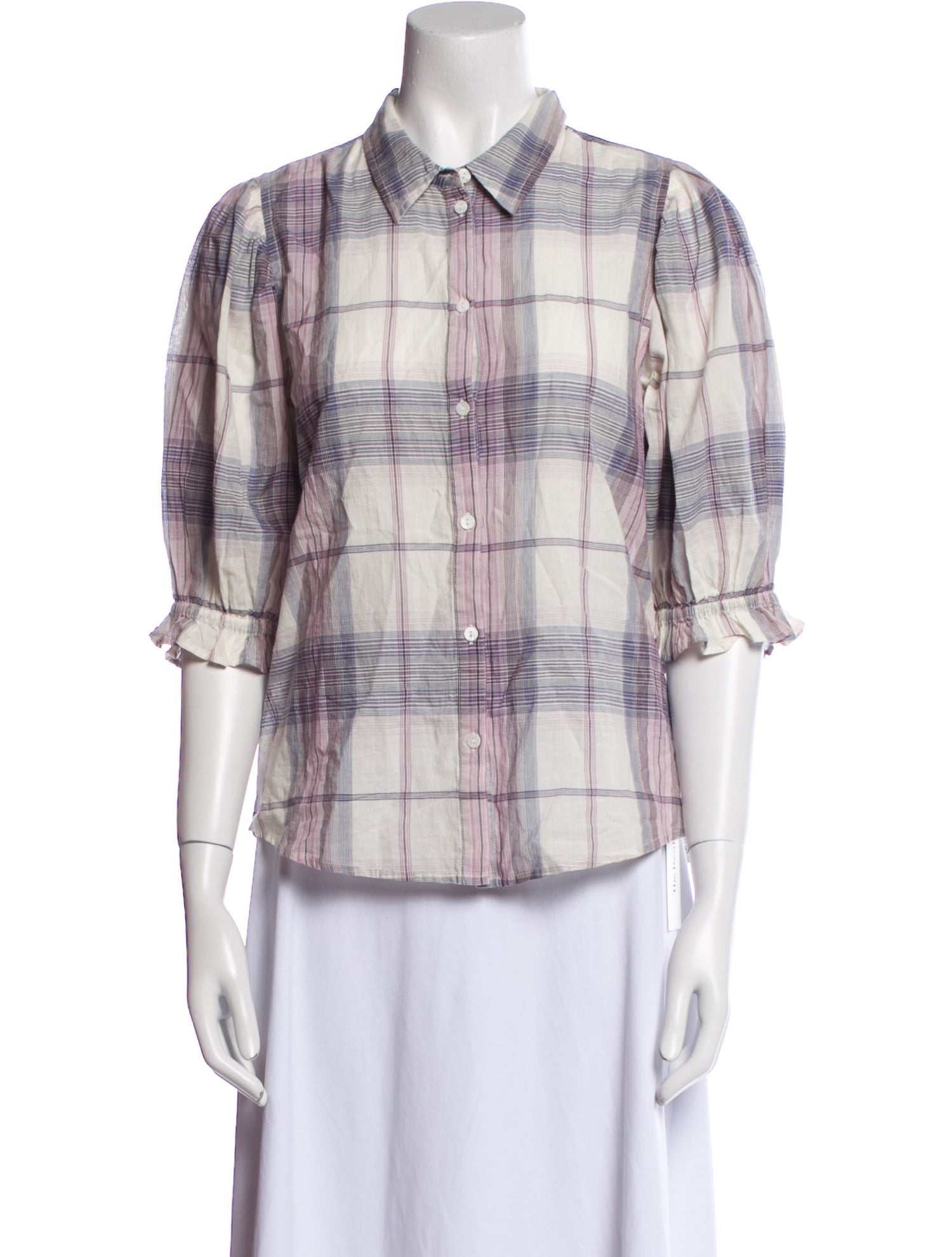 BA&SH Plaid Print Three-Quarter Sleeve Button-Up Top