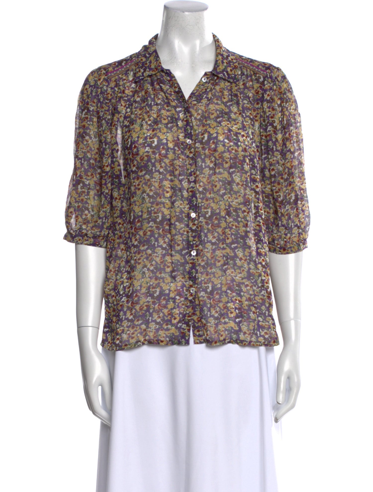 BA&SH Printed Three-Quarter Sleeve Button-Up Top