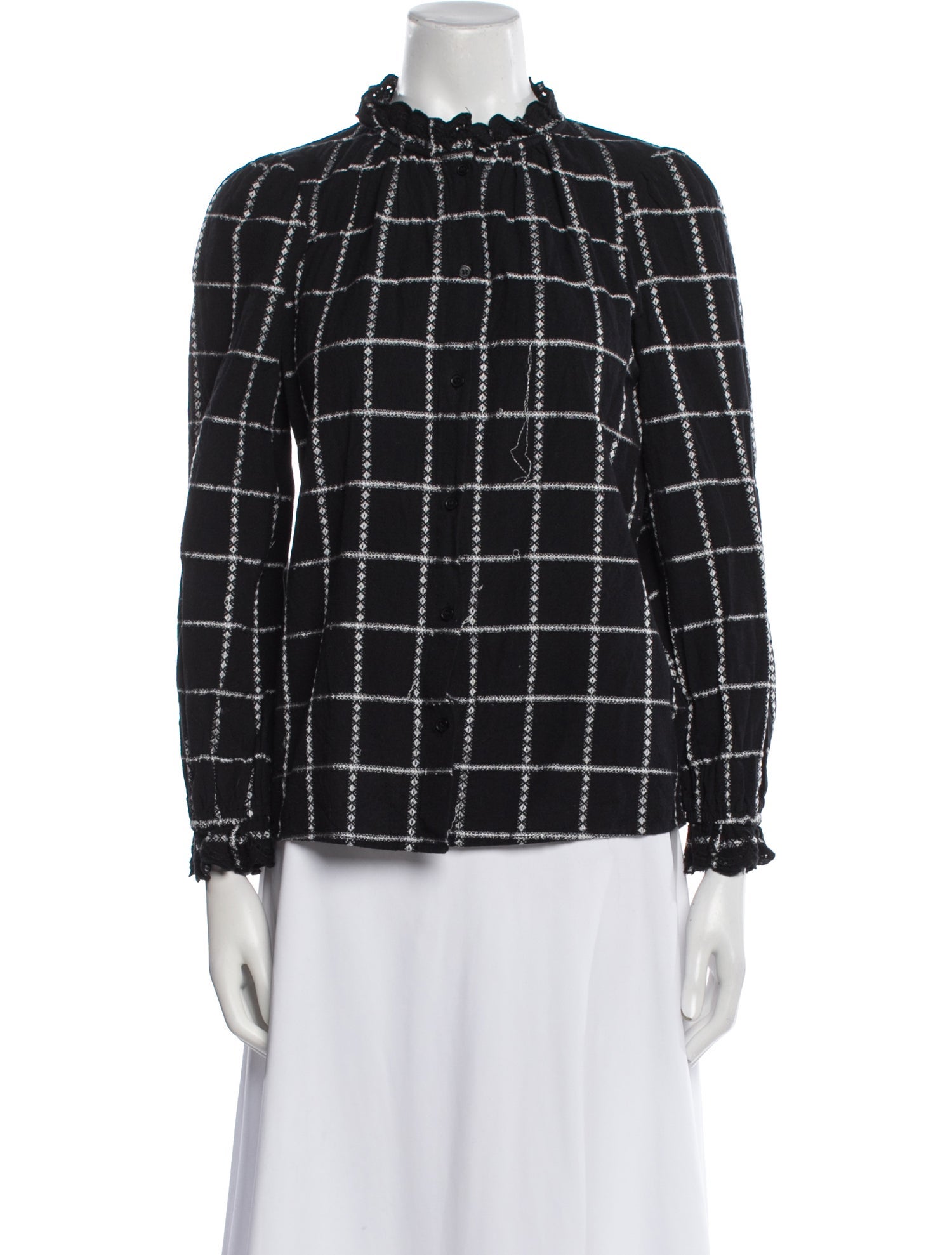 BA&SH Plaid Print Mock Neck Button-Up Top