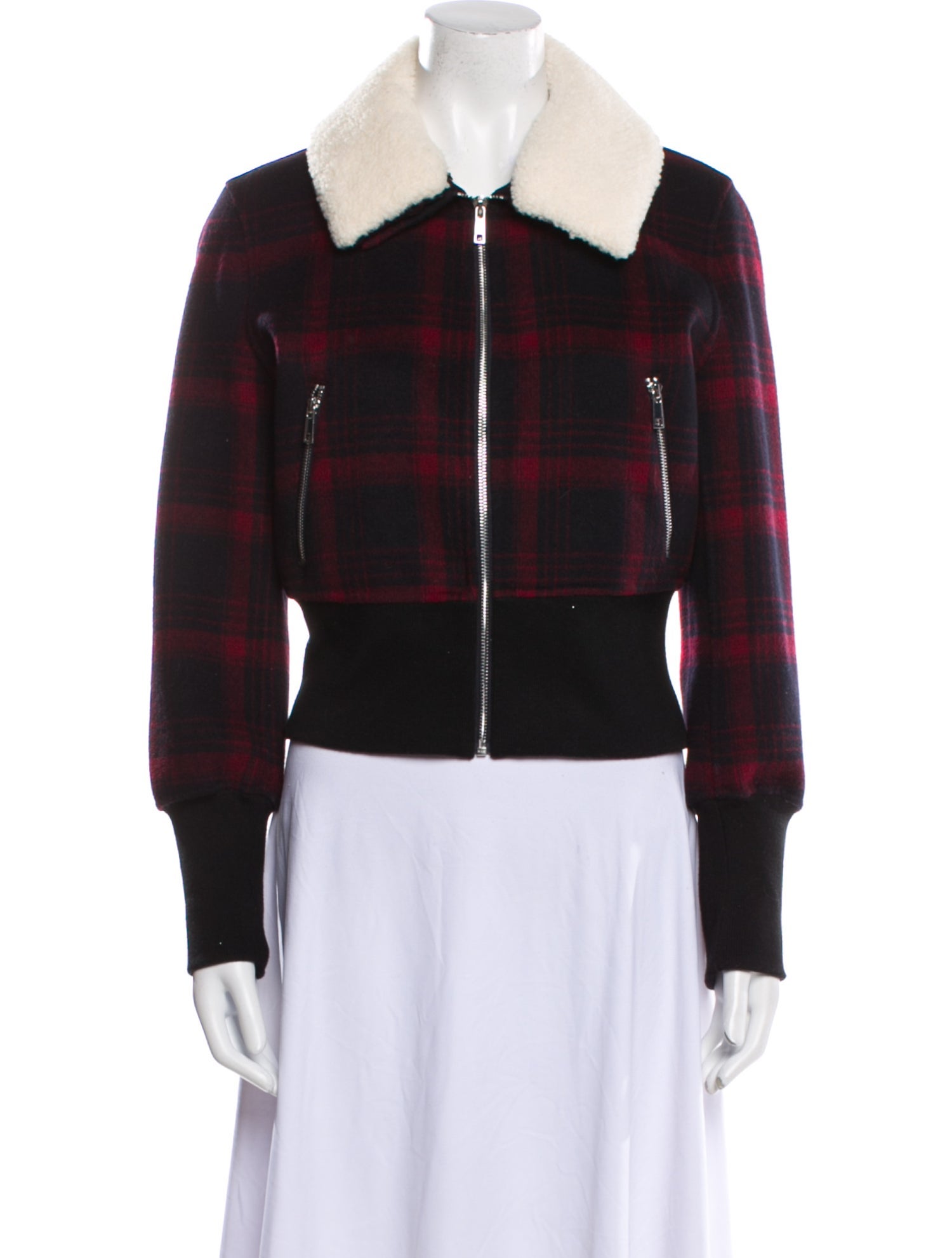 Maje Wool Plaid Print Biker Jacket