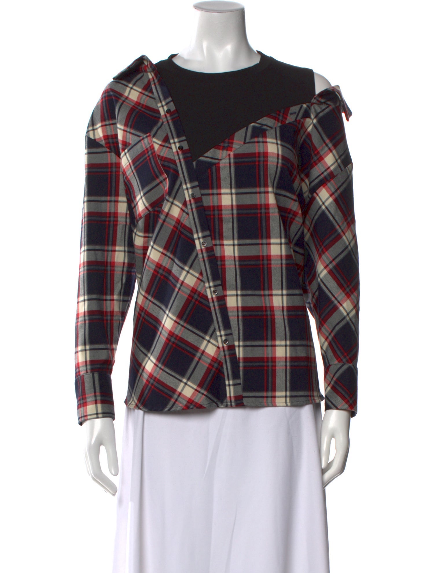 Maje Plaid Print Crew Neck Button-Up Top