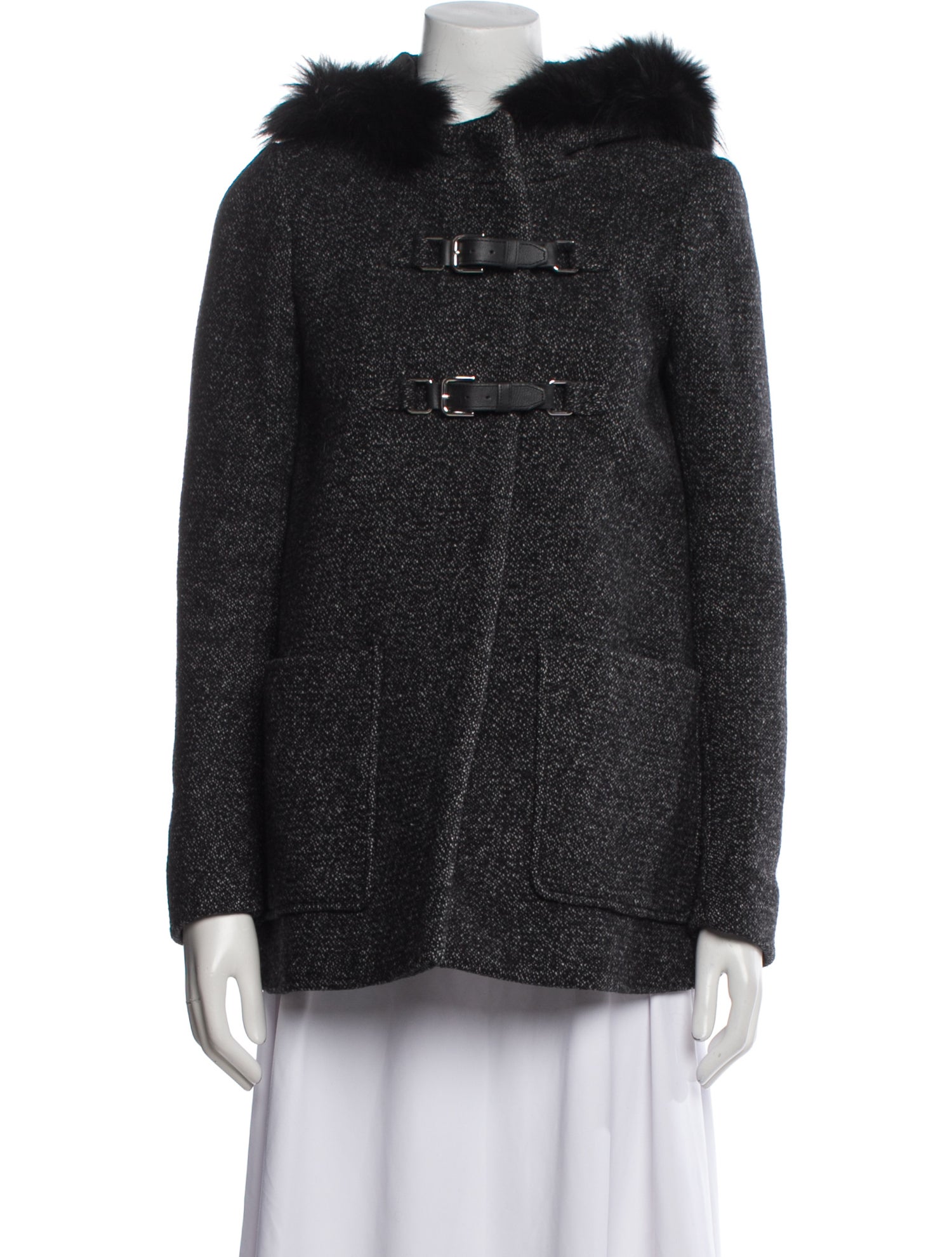 Maje Wool Tweed Pattern Fur Jacket