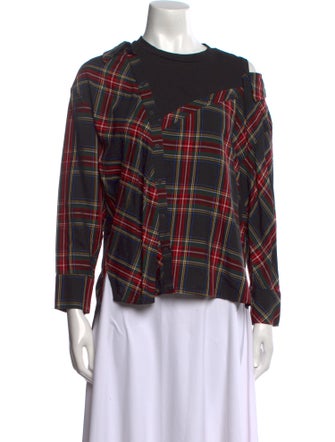 Maje Plaid Print Crew Neck Button-Up Top