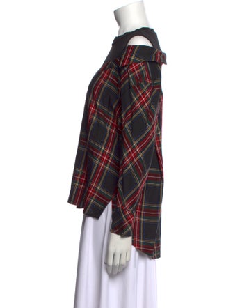 Maje Plaid Print Crew Neck Button-Up Top