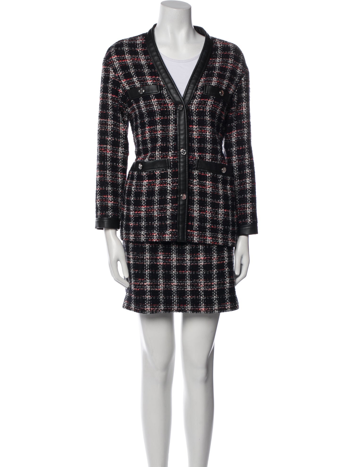 Maje Tweed Pattern Leather Trim Embellishment Skirt Set