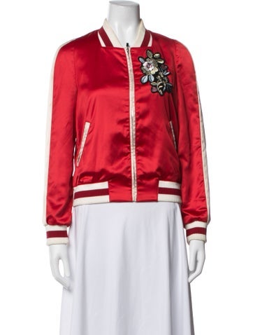 Pre-owned Maje Satin Floral Print Bomber Jacket In Red