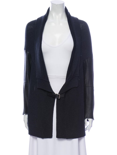Maje Leather Trim Knit Cardigan Teal